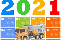 Obrazek przedstawia kolorowy kalendarz z wpisanym rokiem 2021 i rysunkową śmieciarką
