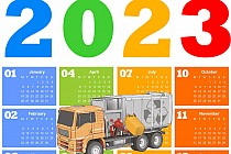 Obrazek przedstawia kalendarz ze śmieciarką i rokiem 2023