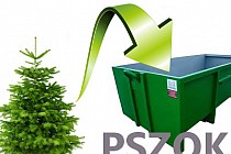 Obrazek przedstawia świąteczne drzewko ze strzałką skierowaną do zielonego kontenera na odpady.