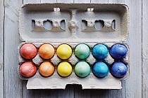 Zdjęcie przedstawia wytłoczkę z kolorowymi jajkami.