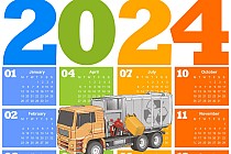 Obrazek przedstawia kalendarz ze śmieciarką i rokiem 2024